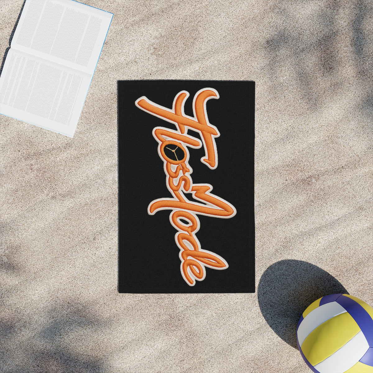 FlossMode Beach Towel — Retro Script Orange Logo on Black