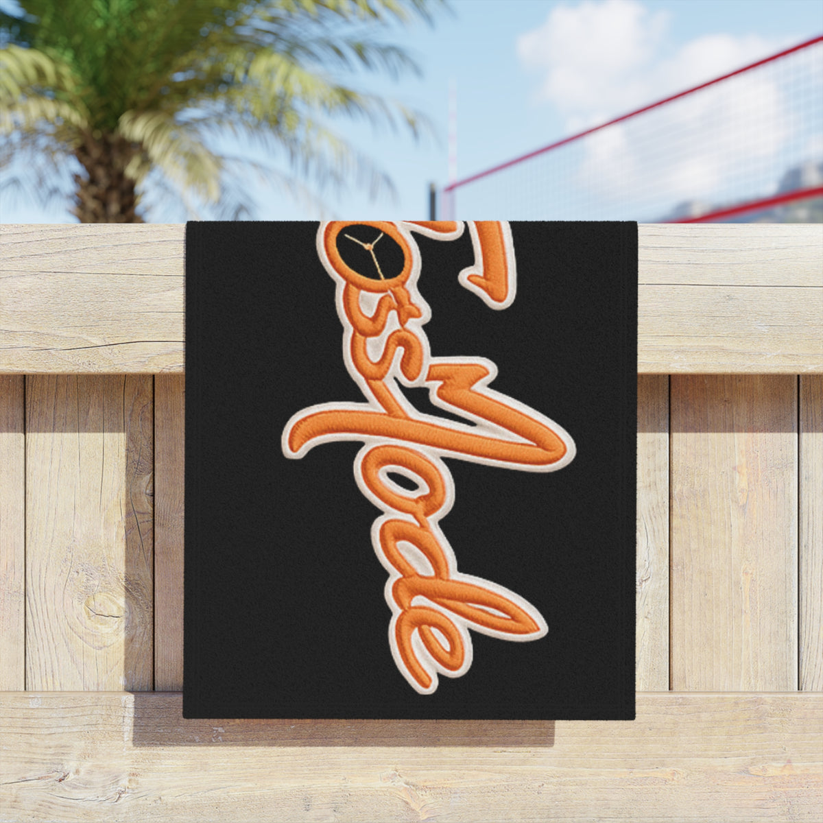 FlossMode Beach Towel — Retro Script Orange Logo on Black